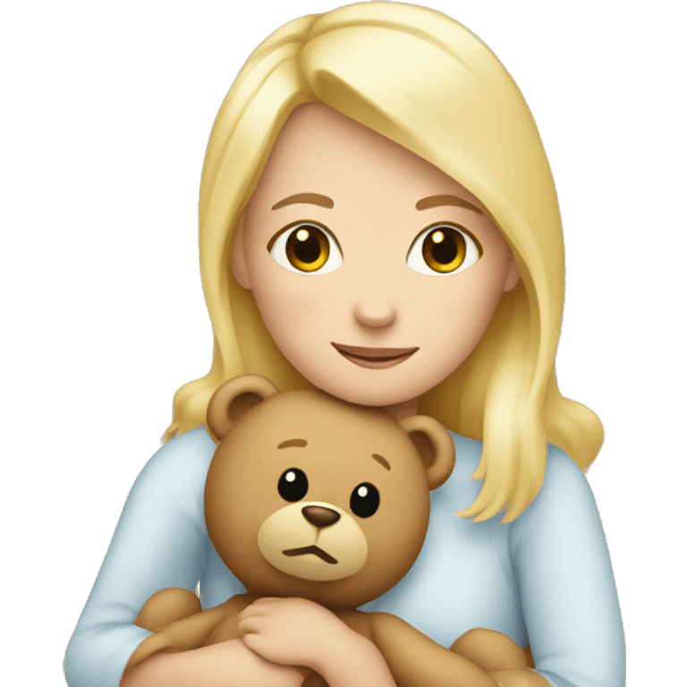 blonde woman hugs a cute teddy bear emoji