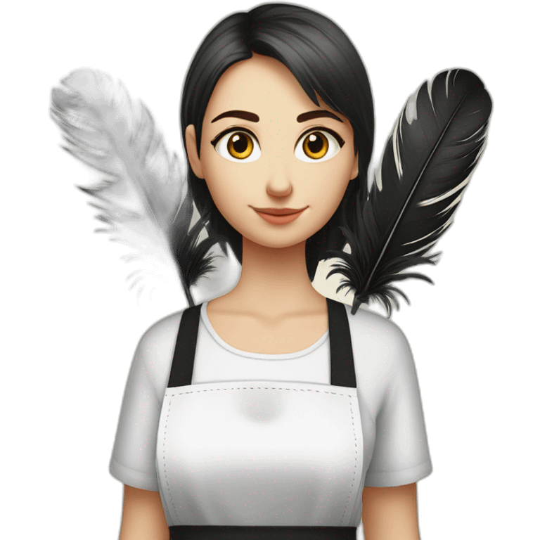 Slavic girl in a white T-shirt and a black apron holds ostrich feathers for dusting emoji