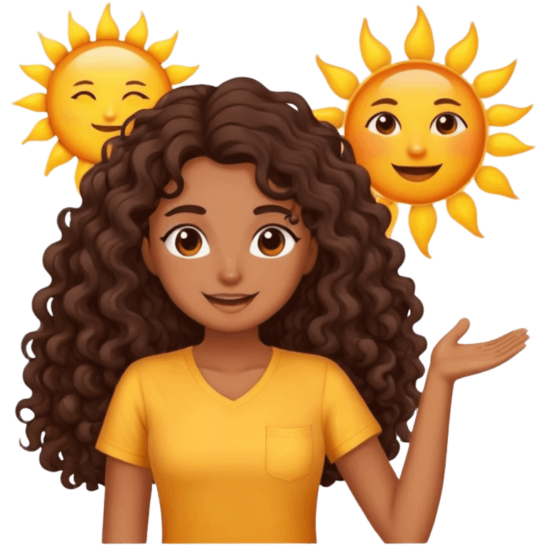 Brown woman with dark brown long curly hair saying good morning with the sun and yellow shirt  emoji