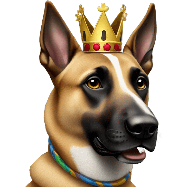 A malinois harlequin color with a crown on his head emoji