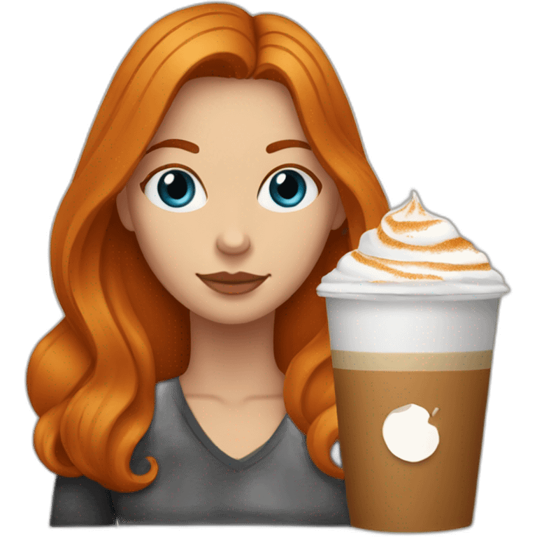 Ginger straight hair and blue eyes woman drinking a pumpkin spice latte  emoji