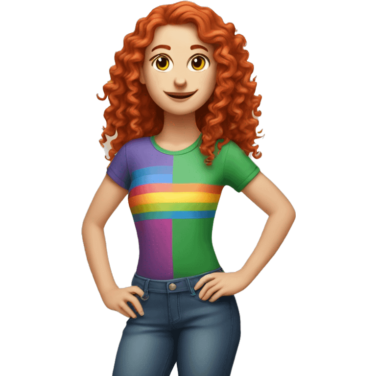 white girl with long red curly hair, wearing a rainbow shirt doing a pose emoji