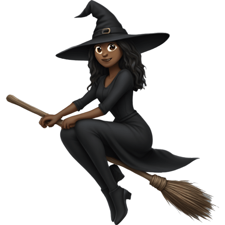 witch on a broom dark long hair white skin emoji