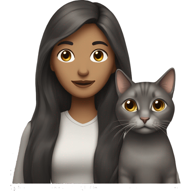 woman with long darkbrown hair with her Grey cat emoji