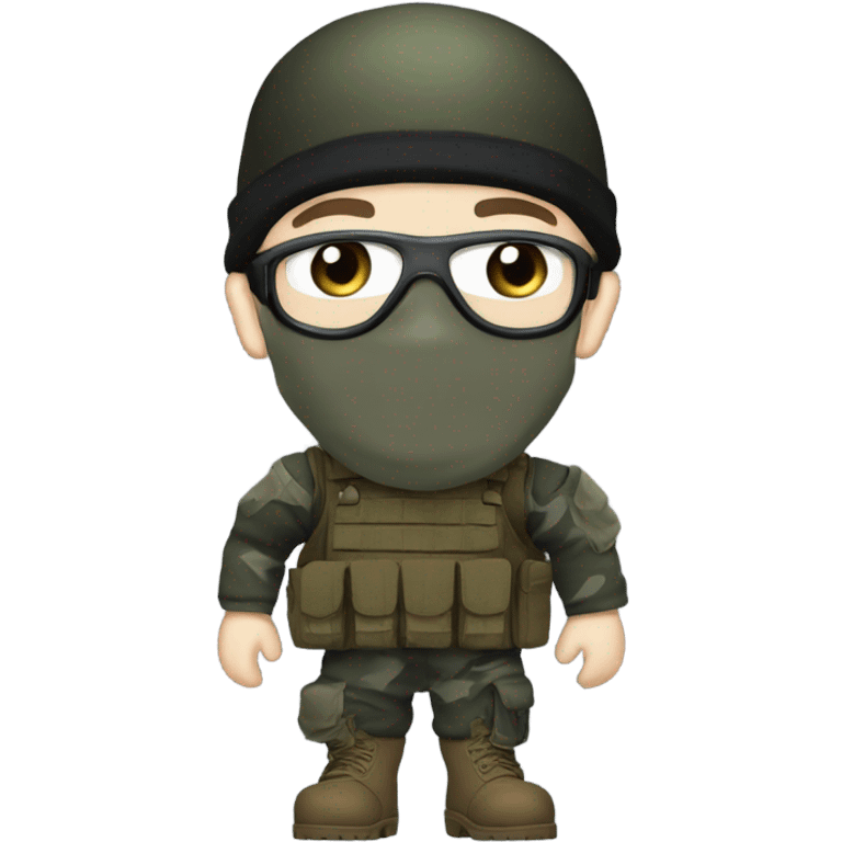 male, pale skin, face mask, camo tactical gear, combat boots, black beanie, blue eyes emoji