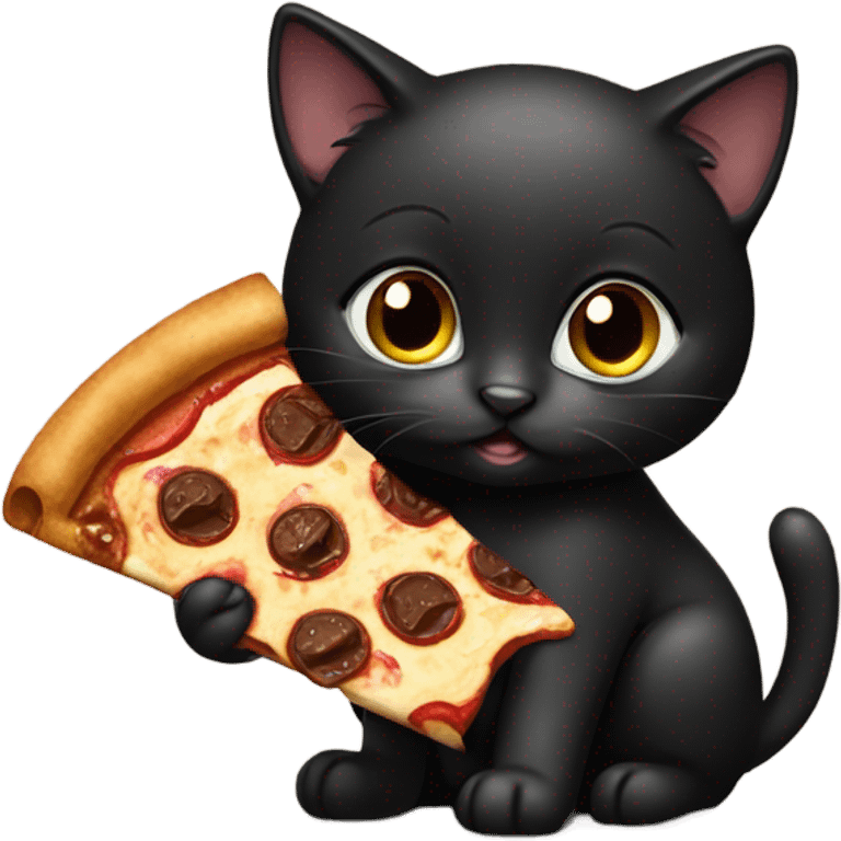 A black kitten eating a slice of chocolate pizza emoji