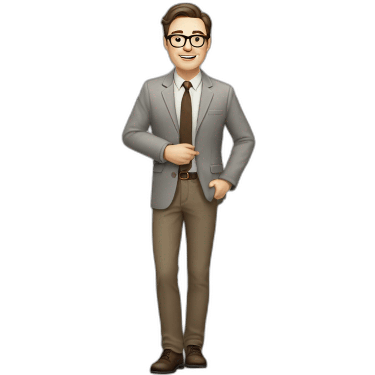 Full height Actively Gesturing Pale skinned fit man with dark brown hair in gray jacket, beige office shirt, brown tie, brown pants and vintage glasses. emoji