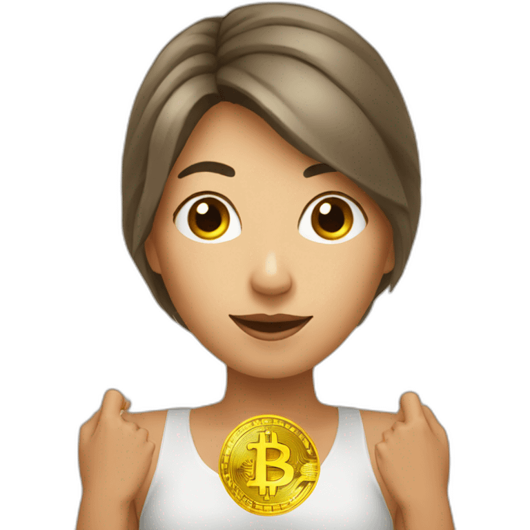 Woman holding bitcoin in her hands above her head emoji