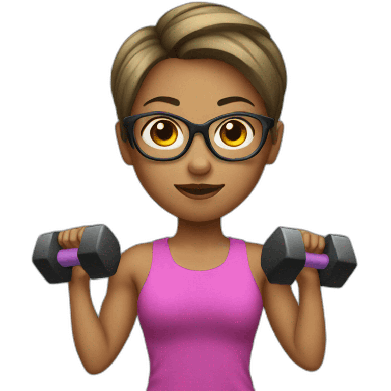 Sports Girl with short hair glasses holding dumbbell emoji