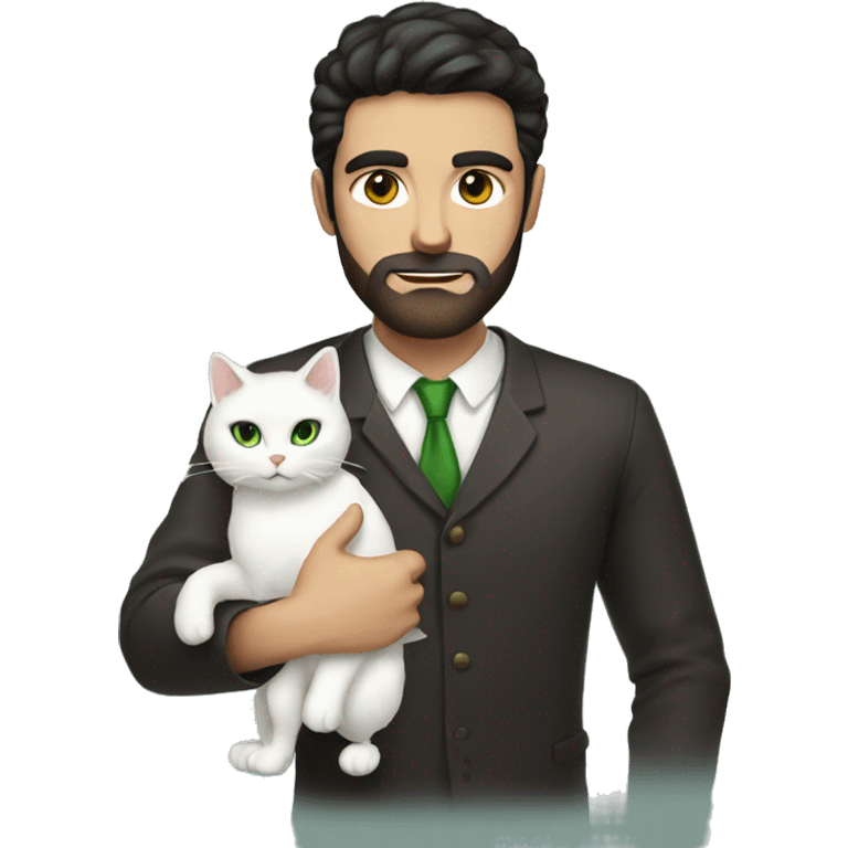 Men with short beard, sleek dark hair, Dark Brown Eyes, Holding white cat with Green eyes in arms emoji