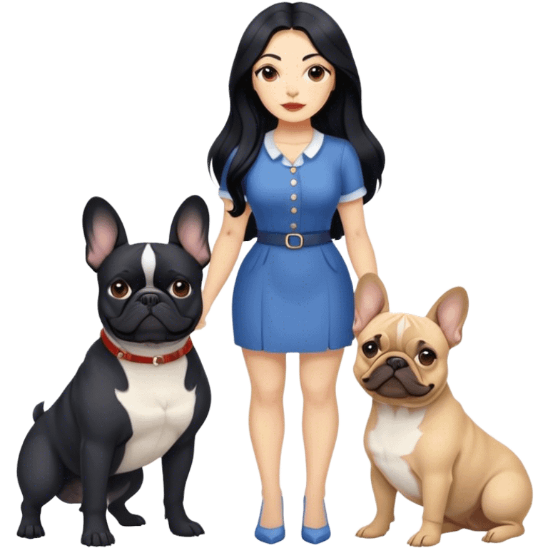 latin woman with long black hair standing alongside two French bulldogs  emoji