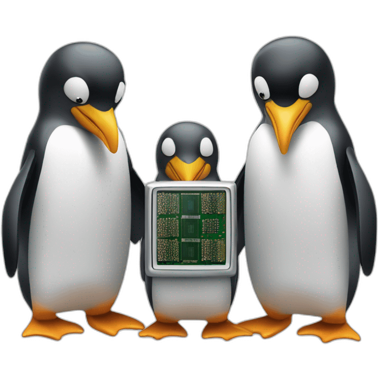 3 penguins with a microprocessor emoji