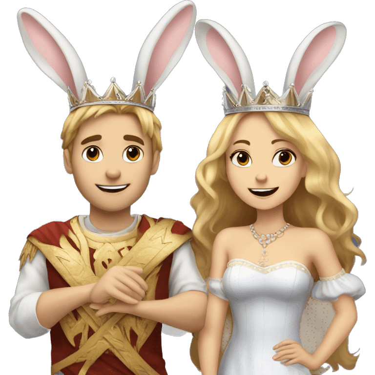 Two rabbits a girl and boy they both have crowns on because they are a queen and king. Boy has blonde hair, girl has long brown hair. They are holding a sign saying Team Bunny Forever  emoji