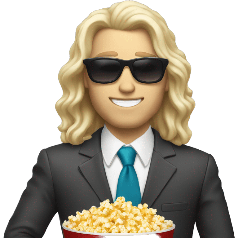 long hair white man in suit with sunglasses eating popcorn with a cap emoji