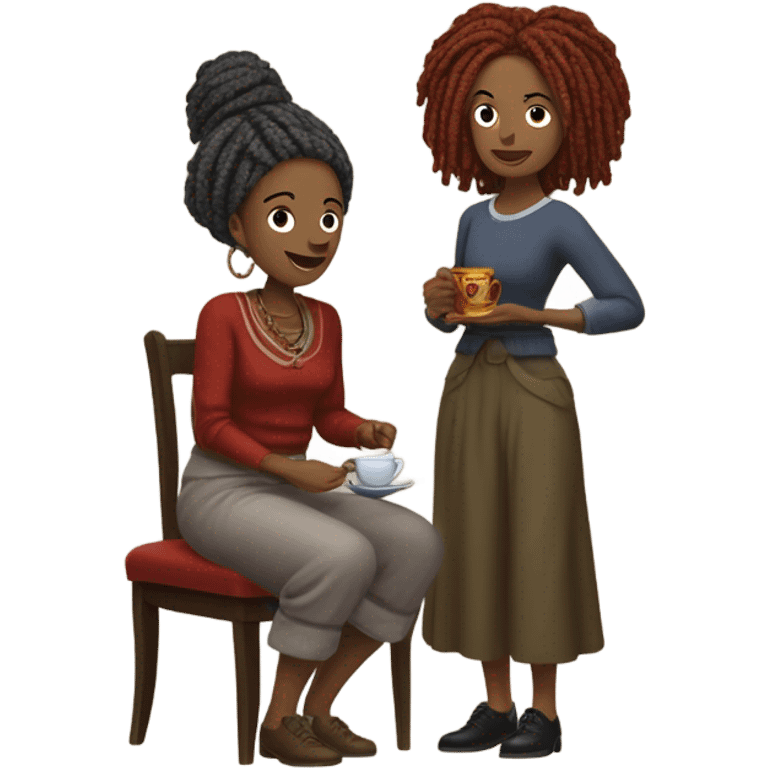 woman with gray locs, wearing pants , other woman is brown with red locs, in a knee-length dress with a cozy sweater, looking at antique items, such as a vintage lamp or an old teacup, with a table full of trinkets in the background emoji