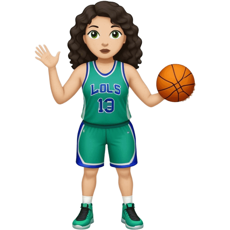 full body plus size light skin latino women basketball player with wavy dark hair large wide nose wearing blue with green uniform emoji