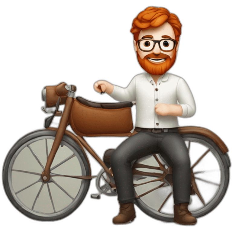 Red smooth haired man with beard and glasses hand stitching a saddle emoji