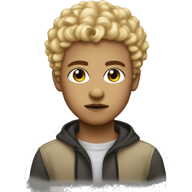 black eyes, very very curly blonde very short hair, boy, serious face emoji