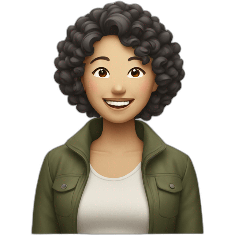 Laughing Asian woman with curly hair outside emoji