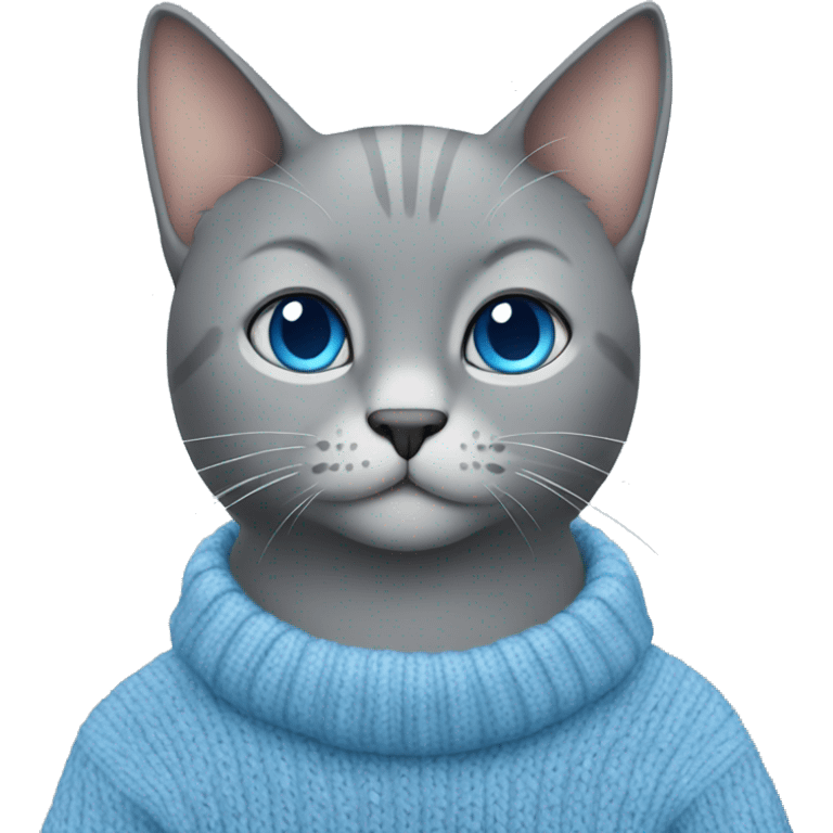 sitting grey cat blue eyes blue sweater  emoji