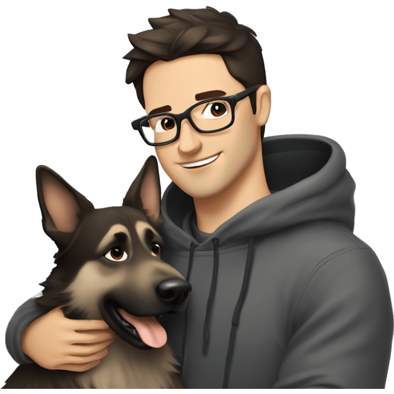 a handsome guy (dark brown hair, grey colour eyes, thin stylish black glasses, hoodie) hugging a dog (grey colour german shepherd) emoji