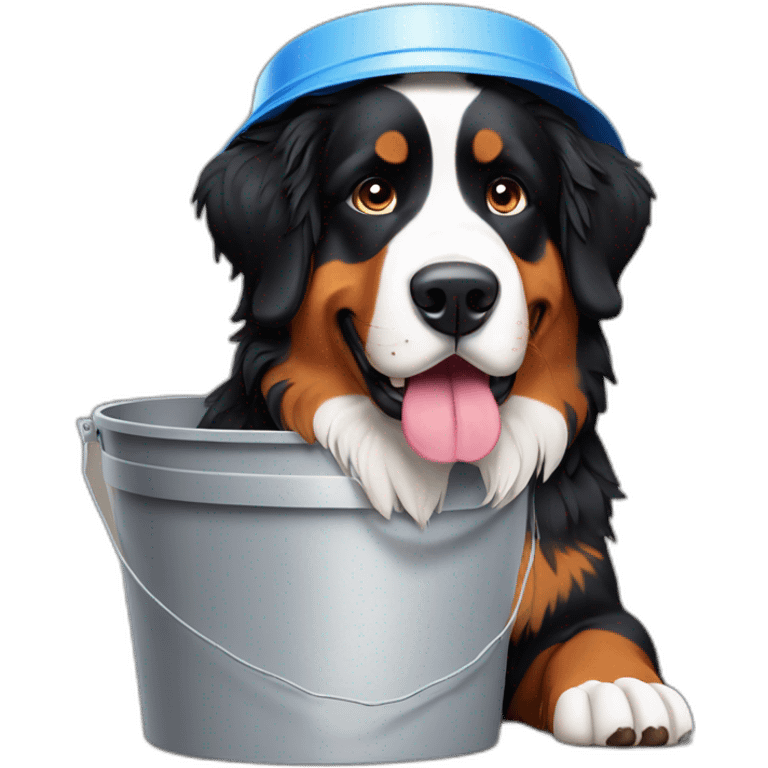 Bernese mountain dog with a plastic bucket on his head emoji