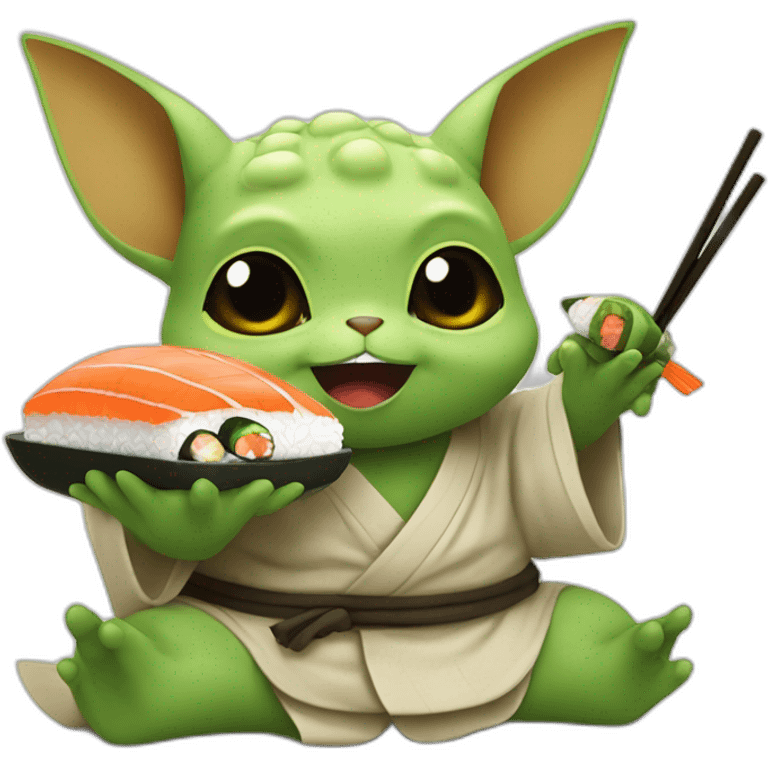 Pikashu and Yoda eat sushi emoji