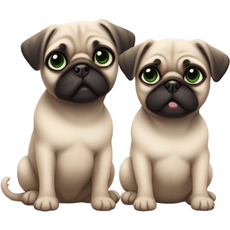 Baby pug with big green eyes sitting next to a baby pug with pink eyes  emoji