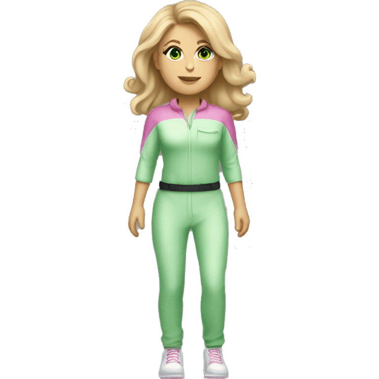 white Woman dark blond hair  pink  full body jumpsuit flying with light green eyes emoji