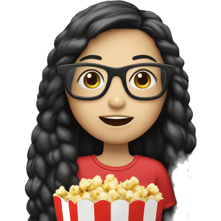 Pale girl with long black hair eating popcorn with 4D glasses emoji