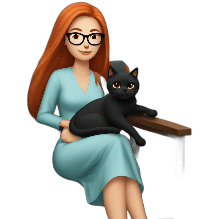 woman with long straight red hair and black-rimmed glasses, in a dress, sitting in an armchair, with a black cat on her lap emoji