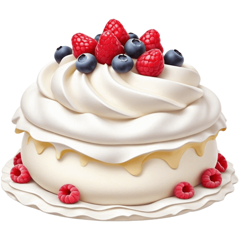 Cinematic Realistic Pavlova Dessert Emoji, showcasing a delicate meringue dessert topped with fresh fruit rendered with lifelike texture and soft natural lighting. emoji