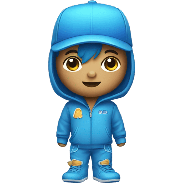 cute mascot dressed in blue outfit holding toy emoji