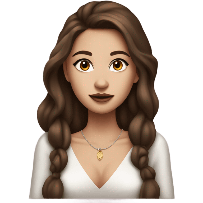 rich girl with white skin, long brown hair, dark eyes, with makeup, with wine emoji