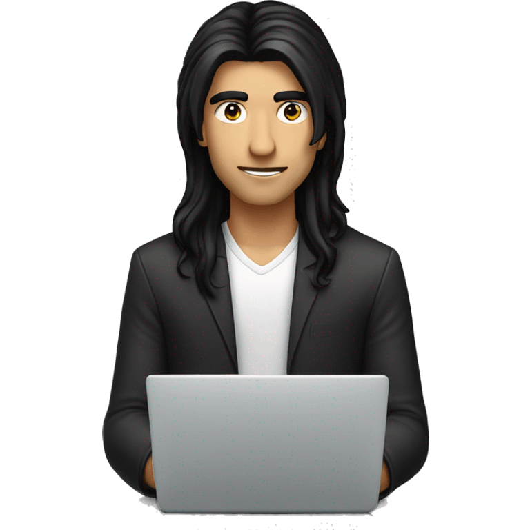 a fair screen guy with long length black hair working on a laptop haing black or brow eyes emoji