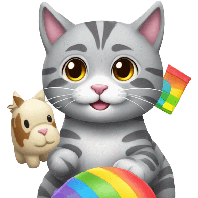 Grey tabby cat with rainbow lama toy emoji