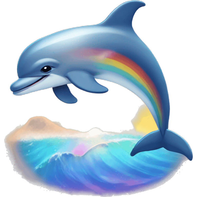 Dolphin with sunset behind and rainbows in the ocean  emoji