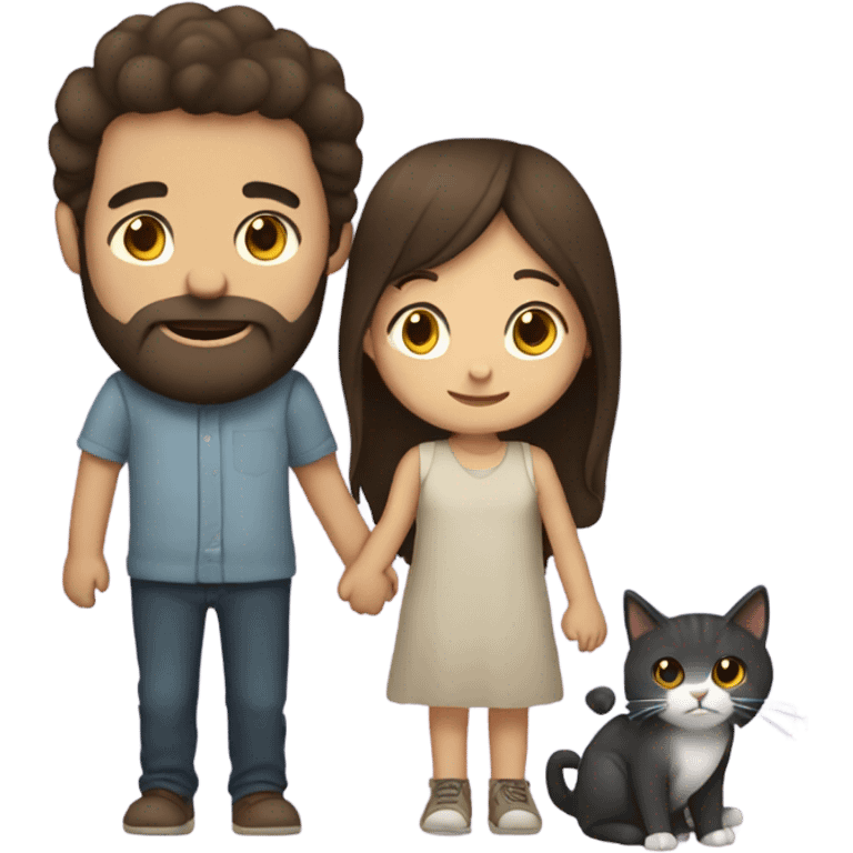 Brunette girl and boy with beard holding hands with a cat emoji