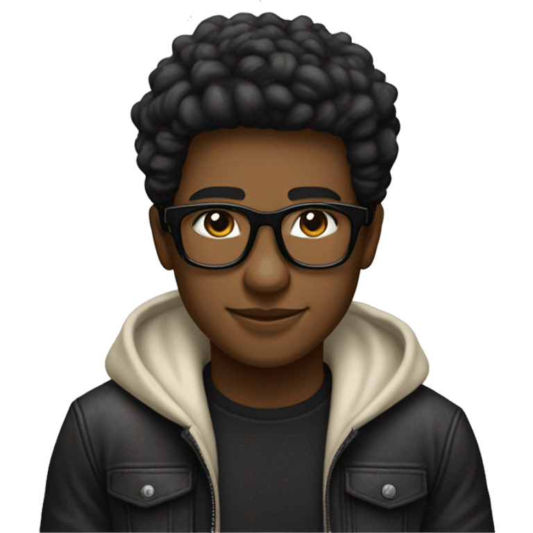 Un joven con gafas de marco negro, cabello oscuro y corto, Lleva puesto un abrigo crema, una camiseta negra. Su expresión es relajada y feliz emoji