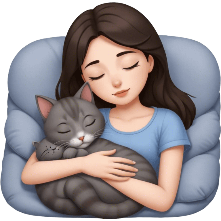 Grey kitty sleeping on brunette girl's lap emoji