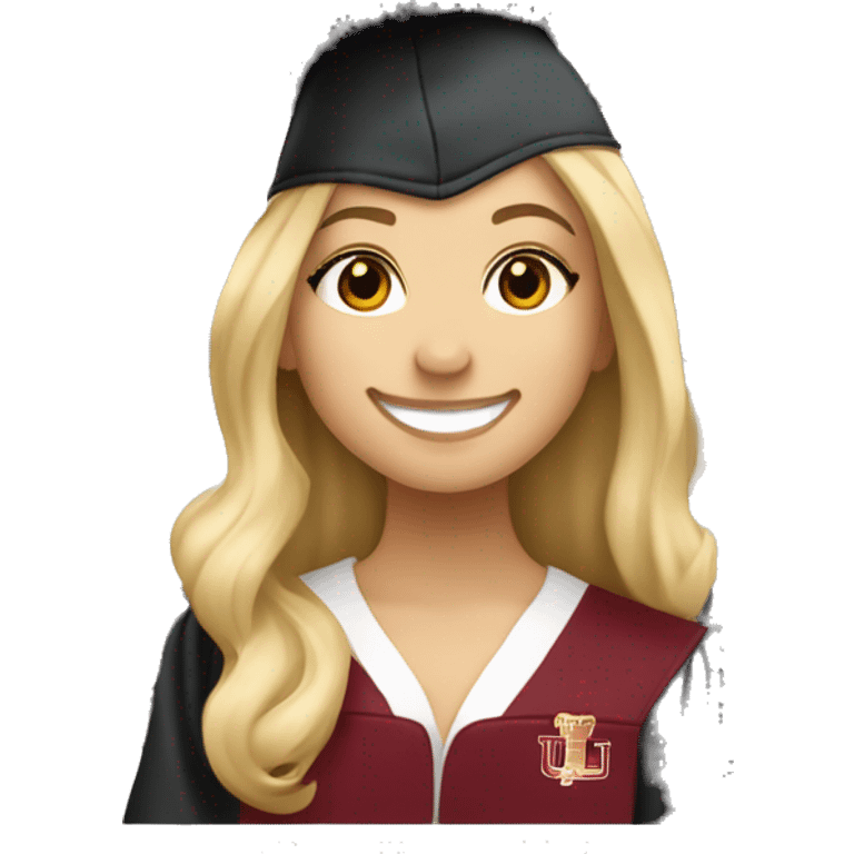 Blonde white girl smiling wearing graduation cap with university of Chicago Loyola emoji