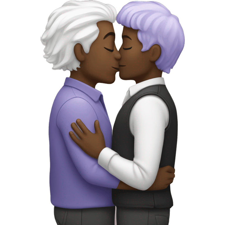 Two men kissing, one of them black and the other white with lavender hair emoji