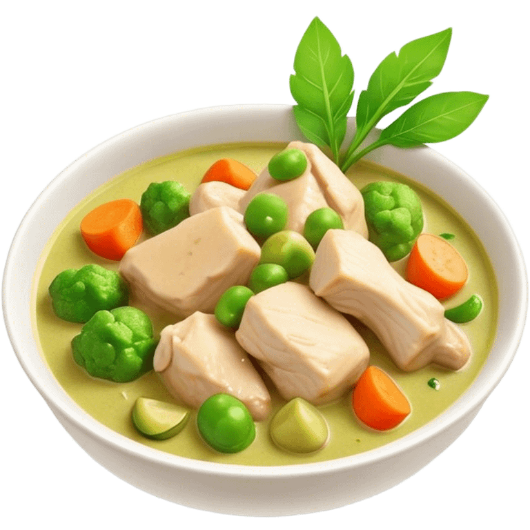 Green Chicken Curry Cinematic Realistic Green Chicken Curry Dish Emoji, depicted as tender chicken chunks simmered in a fragrant green curry sauce with vegetables, rendered with vivid textures and dynamic, vibrant lighting. emoji