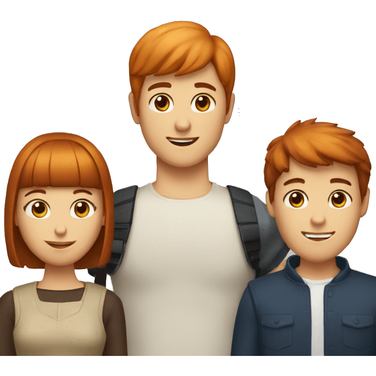 a group of three friends: a redhead woman, a black-haired bowl cut man, and a brown-haired man emoji