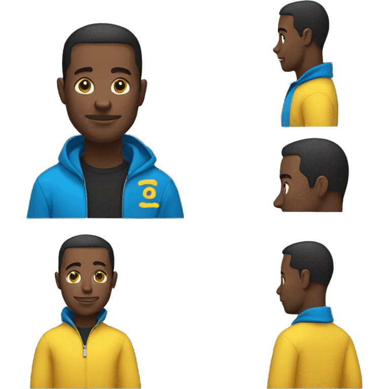 A black man with a blue zip-up sweater with a yellow logo that says "csee" on it emoji