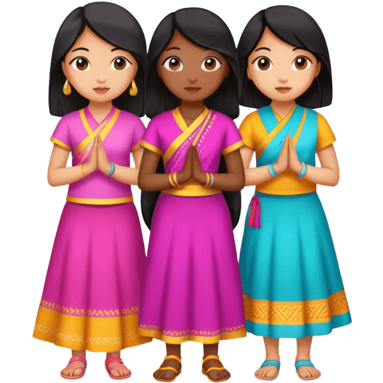 A group of girls taking a group picture. One black girl, 3 East Asian girls, and one Indian girl  emoji