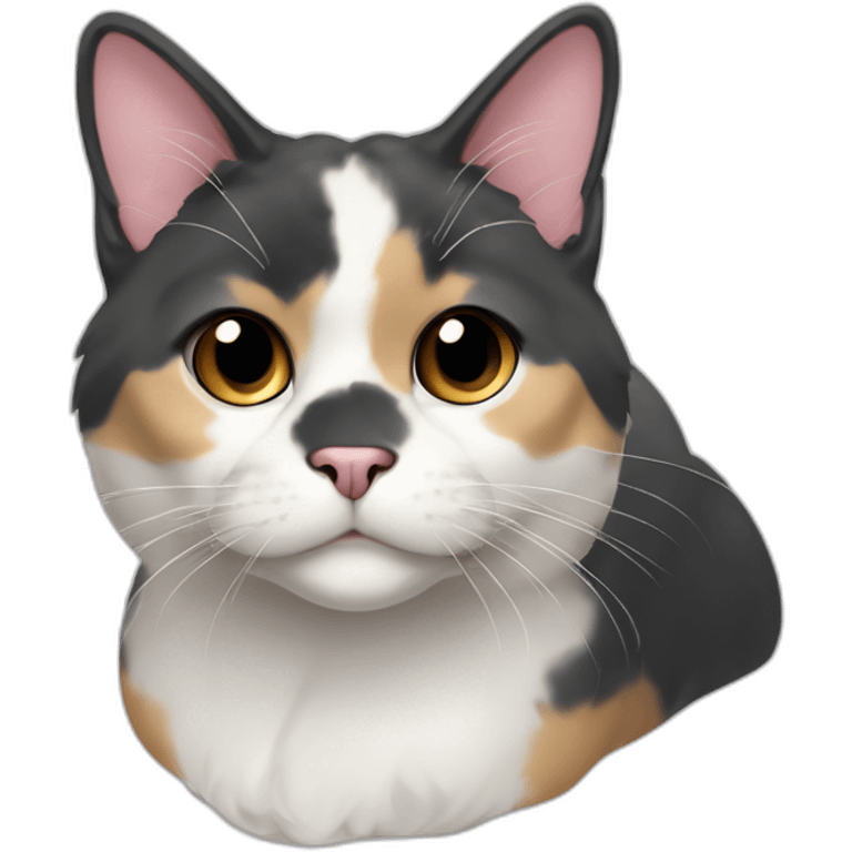 older diluted calico, white chin, black and pink nose, mostly dark grey with whiteish beige forehead, dark grey ears emoji