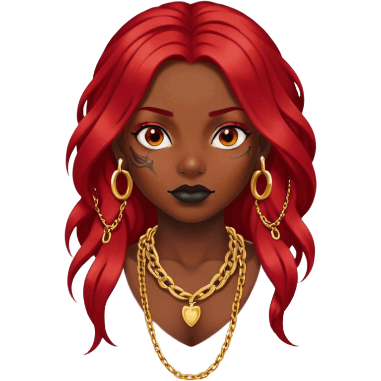 Black dark skin long Red hair girl with tattoos on face, gold chain around neck emoji