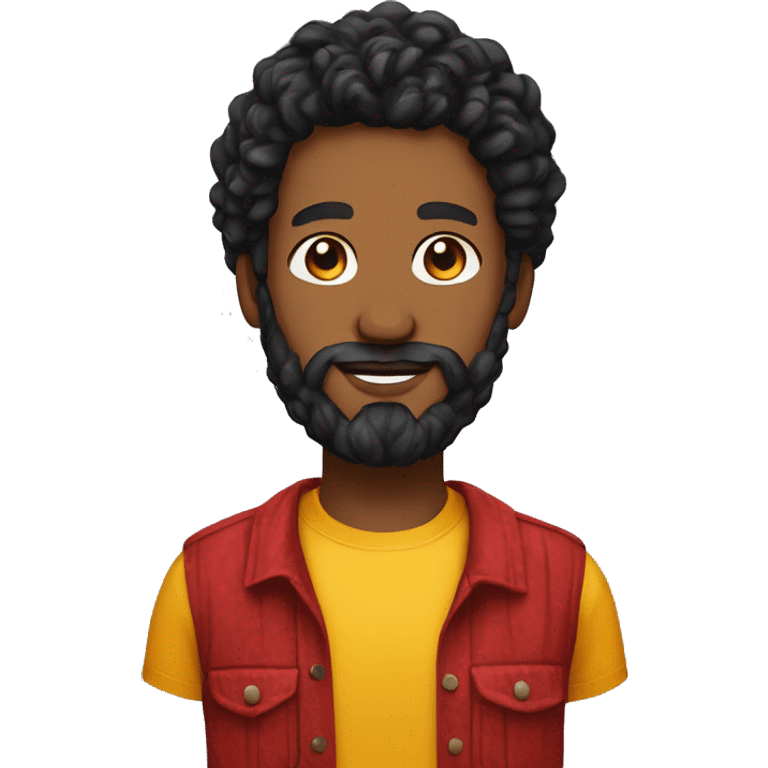 create one black person with 2 strand twists with 5 a full curly black beard snd a red and yellow shirt headshot style be detailed emoji