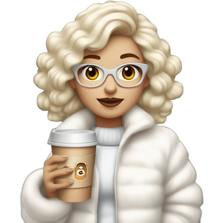 blonde girl wearing white fluffy jacket and a coffee to go in hand all dress white and a white bow on hair emoji